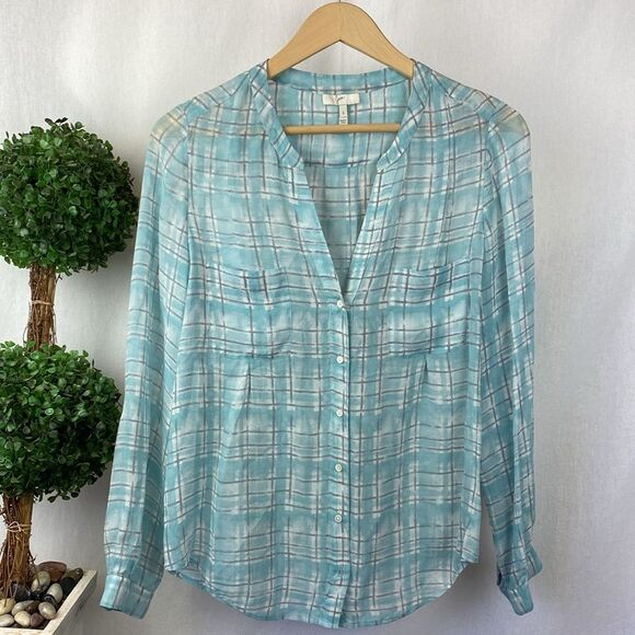 Joie 100% Silk Blue & Gray Plaid Gingham Long Sleeve Button Up Blouse Top S - Picture 1 of 4